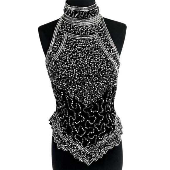 Laurence Kazar Tops - Vintage Laurence Kazar Black Hand Beaded Sequin Top Halter Evening Blouse Sequin